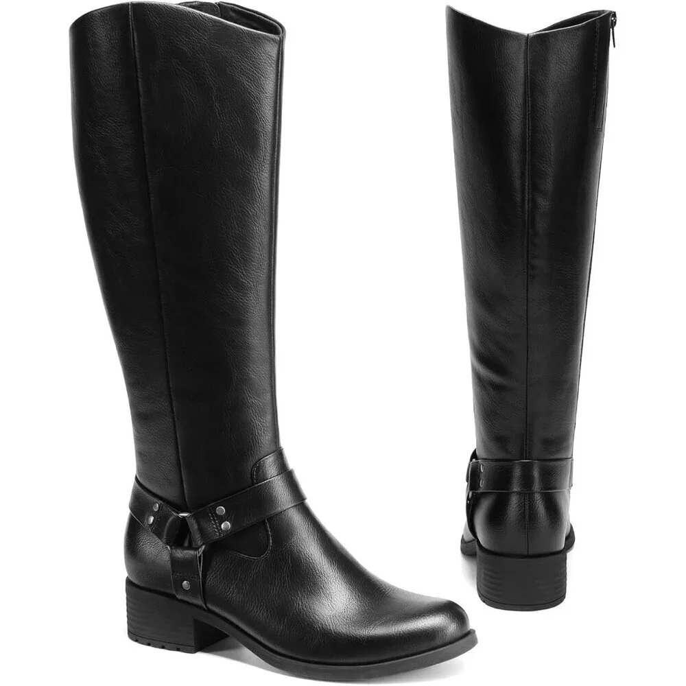 🆕Womens Polyurethane Black Buckle Side Zipper Squared Toe Knee High Riding Boot
